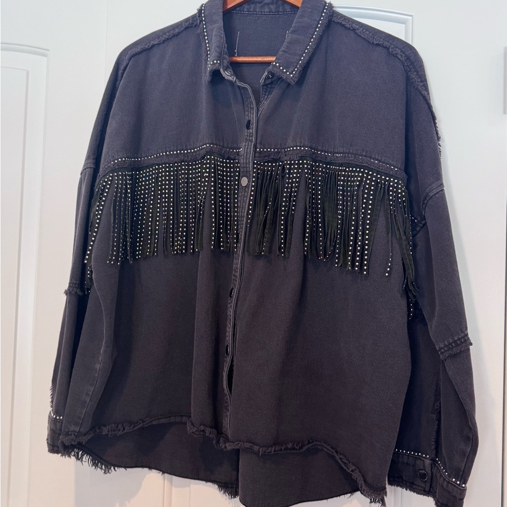 Black Fringe Studded Denim Jacket